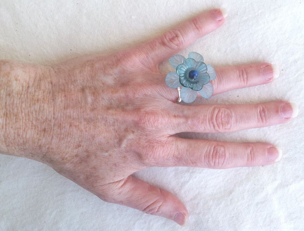 OOAK Handmade Statement Ring Lucite Flowers and Wire in Light Teal Blue with Adjustable Band