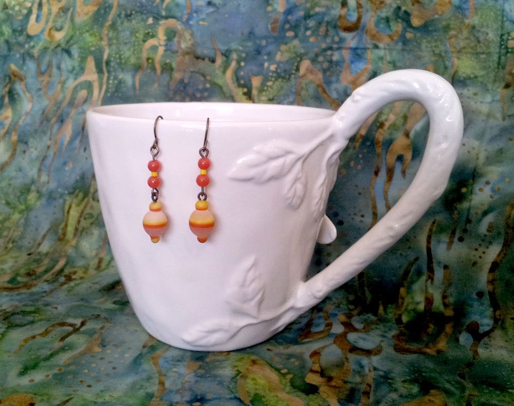 Upcycled Earrings with Vintage Lampwork Glass Beads Boho Style OOAK Handmade Orange & Yellow #914