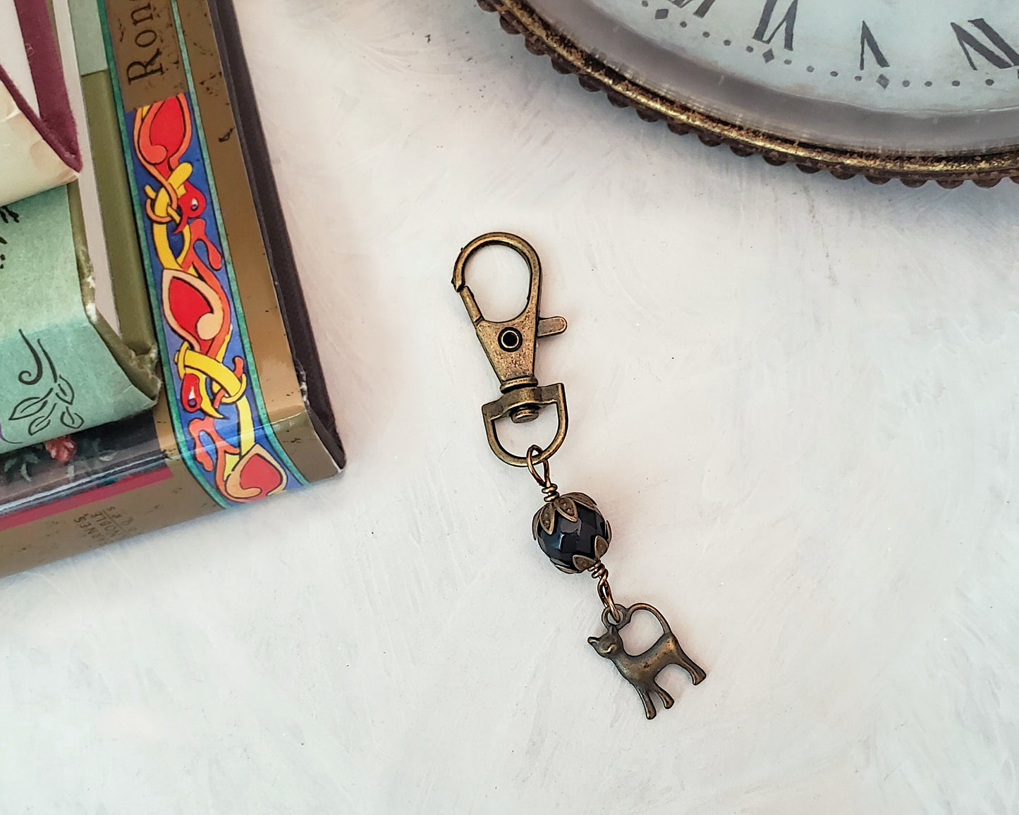 Wire Wrapped Clip or Purse Charm in Antique Bronze, Pink with Bird Charm, Cellphone Charm, Choice of Colors and Metals