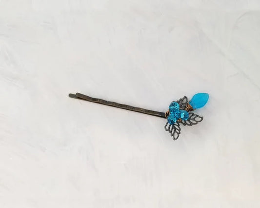 Wire Wrapped Beaded Bobby Pin / Hair Pin in Aqua Blue, Bridesmaid, Wedding, Floral, Garden, Party, Boho, Bohemian, Choice of Colors + Metals
