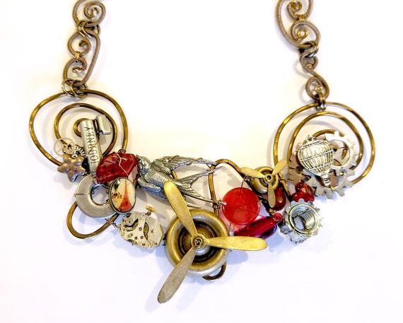 Steampunk Plane Propeller and Bird Bib Statement Necklace in Red Adjustable Length