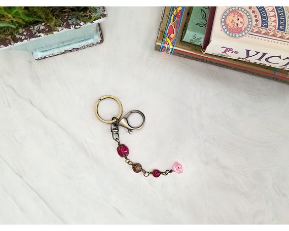 Key Ring with Wire Wrapped Fob in Pink, Garden, Party, Renaissance, Medieval, Fairytale, Choice of Colors and Metals