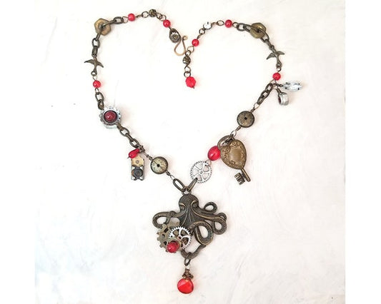 Steampunk Octopus Necklace in Red with Vintage and Recycled Materials and Real Hardware, Adjustable Length