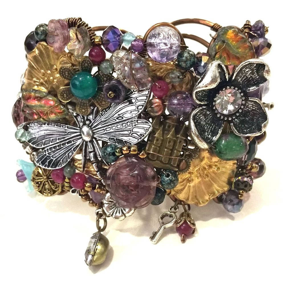 Alice in Wonderland Royal Fairytale Floral Dragonfly Cuff Bracelet in Purple Renaissance Adjustable Wire #1403