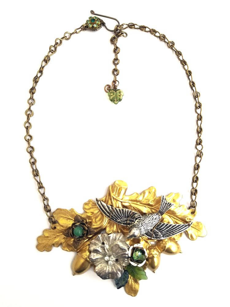Fairytale Forest Bib Statement Necklace in Green Adjustable Length #1468 Fantasy Floral