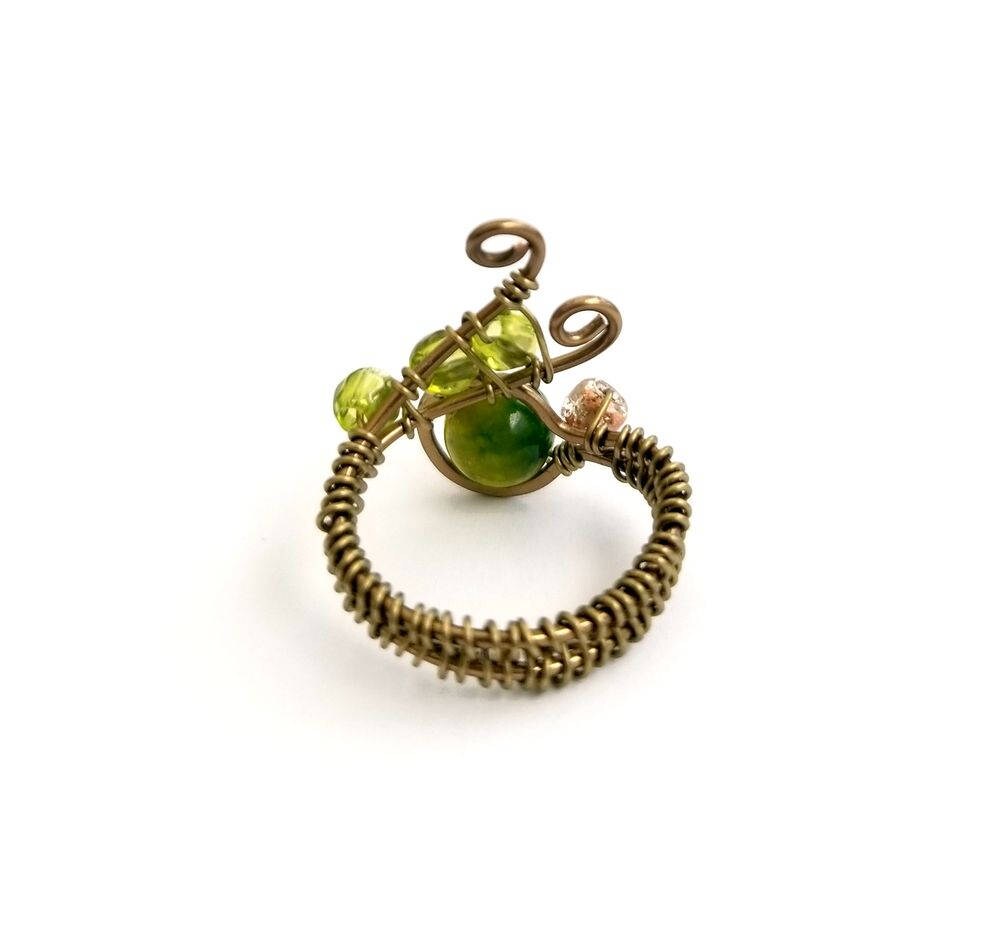 Wire Woven Ring with Green Beads Adjustable Wire
