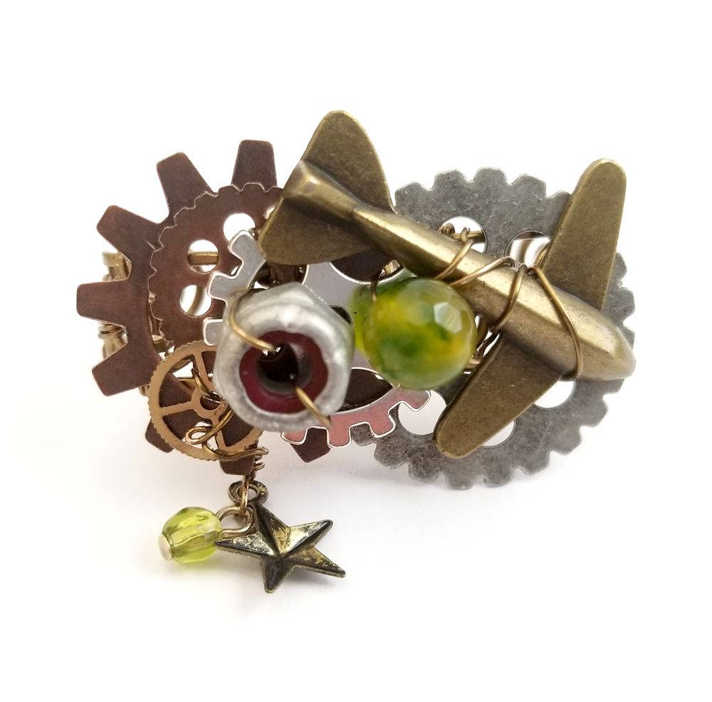 Steampunk 2-Finger Ring with Airplane, Green Accents and Real Hardware Adjustable Wire