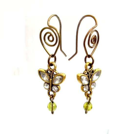 Butterfly Rhinestone Earrings with Peridot Green Glass Drops and Handmade Leaf Spiral Ear Wires #1477