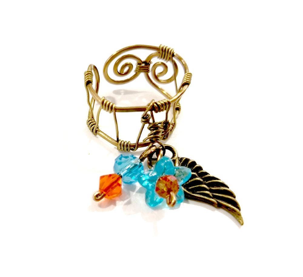 Fly Bird Wing Dangle Ring with Handmade Adjustable Wire Shank #1018