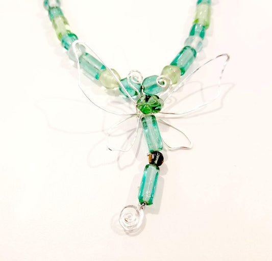 Fairytale Wire Dragonfly Necklace in Sea Green Adjustable Length #901