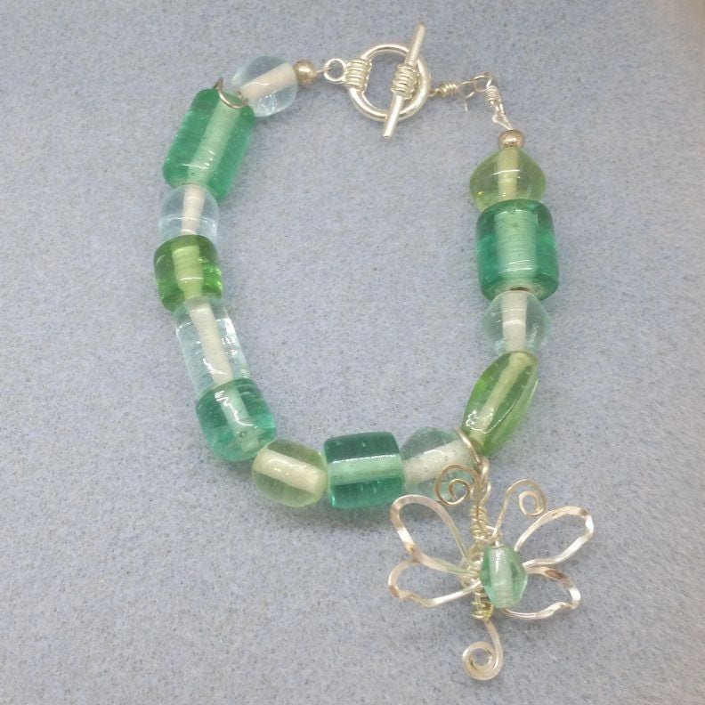 Fairytale Wire Dragonfly Bracelet in Sea Green Adjustable Length