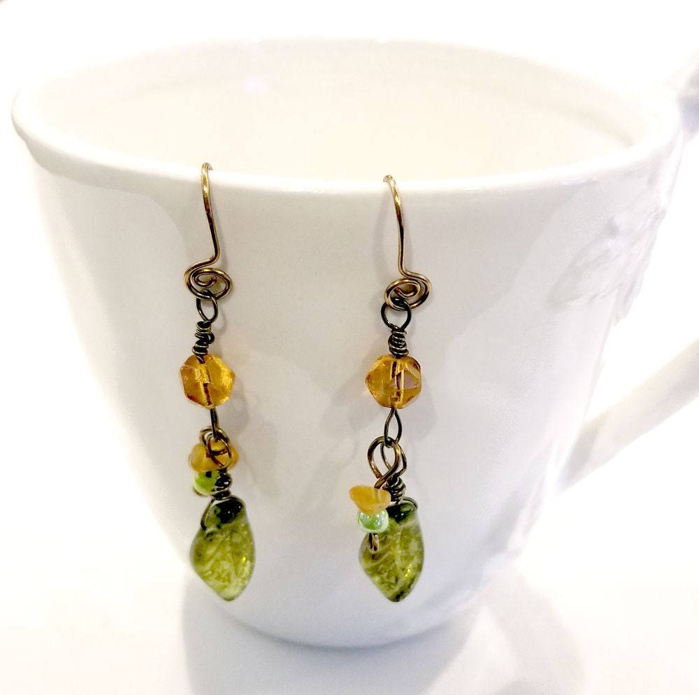 Forest Earrings in Green and Amber with Glass Beads and Leaves and Hand-Formed Spiral Ear Wires #1233