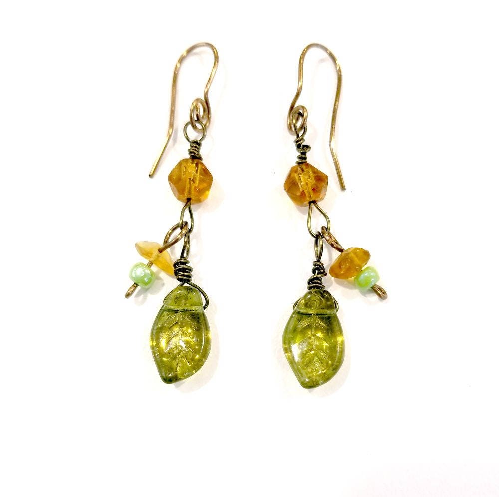 Forest Earrings in Green and Amber with Glass Beads and Leaves and Hand-Formed Spiral Ear Wires #1233