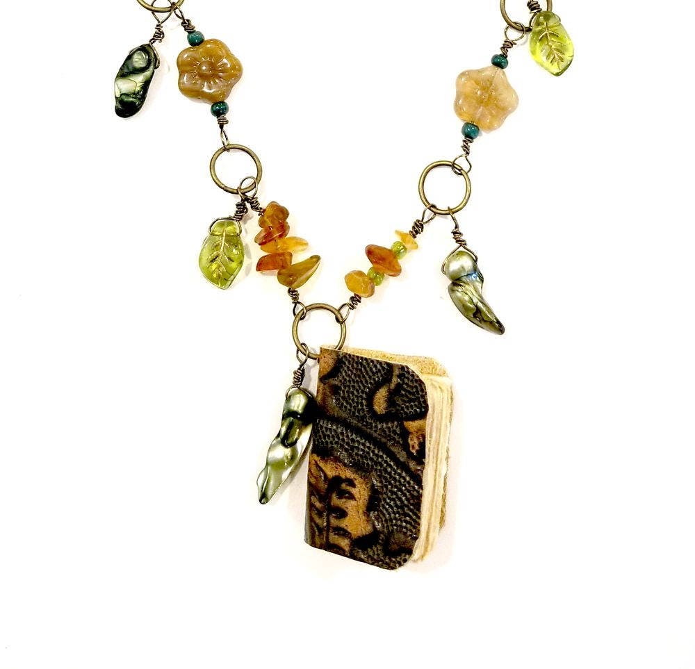 Mini-book Necklace in Green and Brown with Glass Beads, Pearls and Metal Charms, Adjustable Length