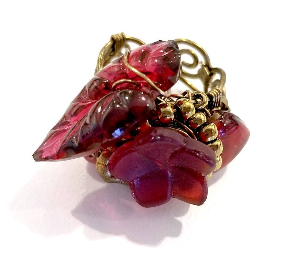 Fairytale Forest Fantasy Floral Ring in Red Renaissance Adjustable Wire #1419