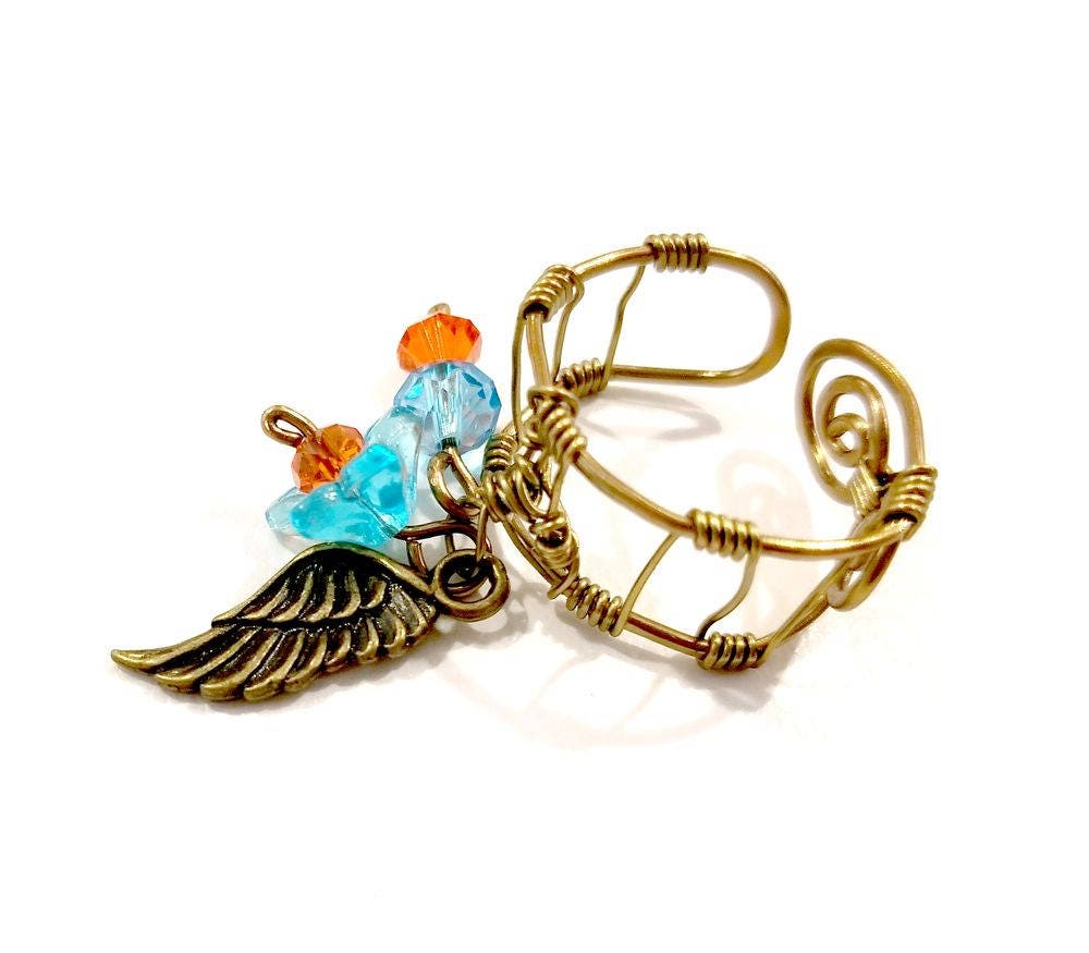 Fly Bird Wing Dangle Ring with Handmade Adjustable Wire Shank #1018