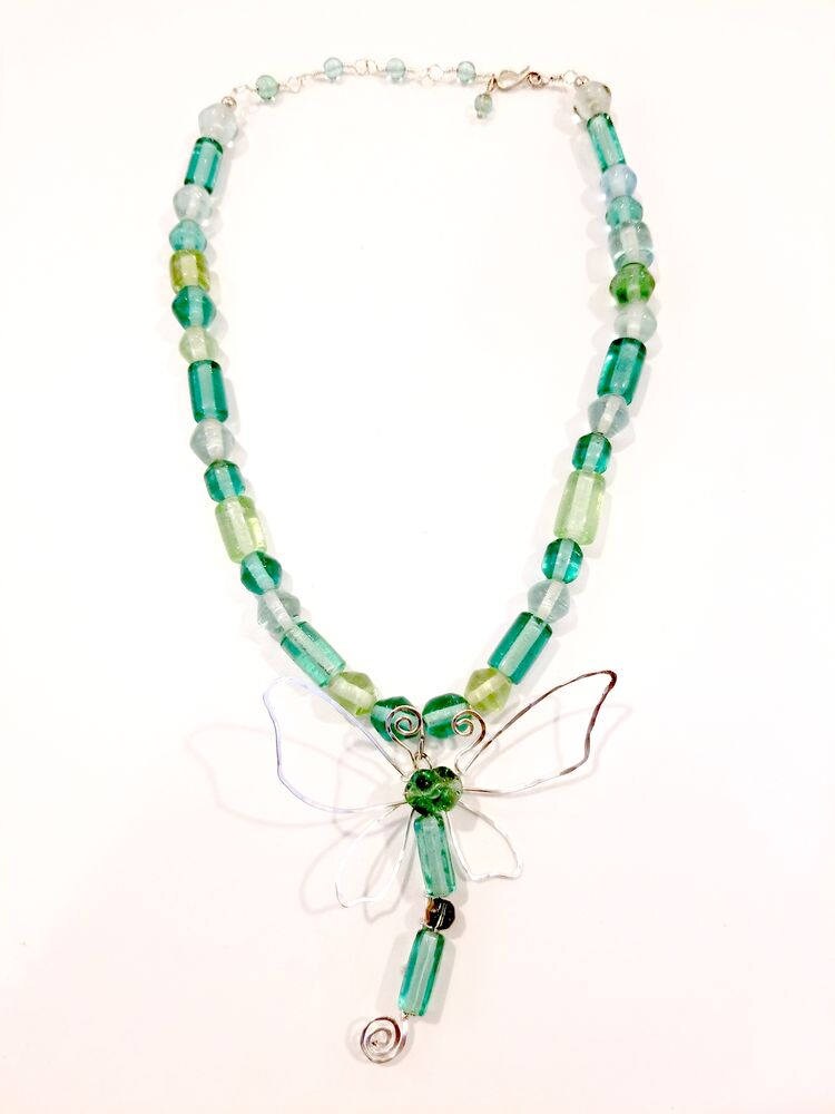 Fairytale Wire Dragonfly Necklace in Sea Green Adjustable Length #901
