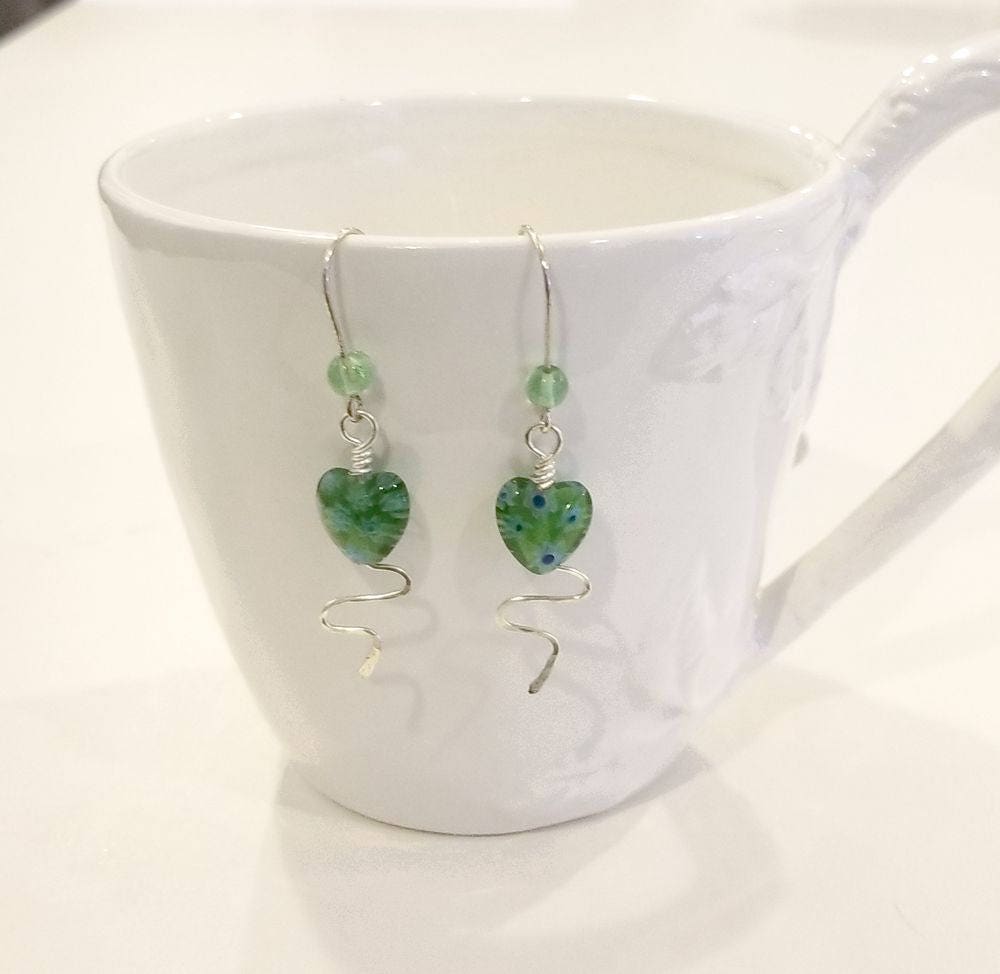 Fairytale Wire Earrings with Glass Millefiori Hearts in Sea Green