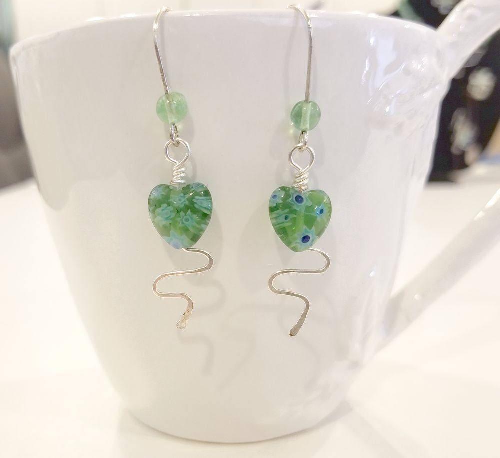 Fairytale Wire Earrings with Glass Millefiori Hearts in Sea Green