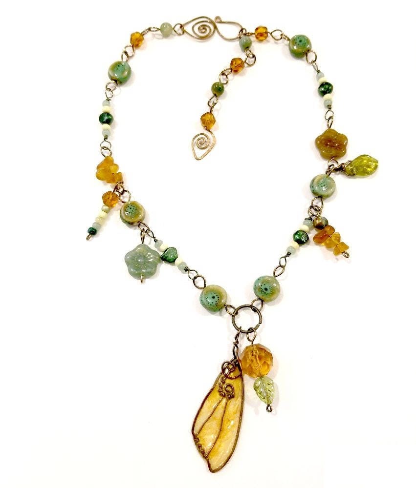 Forest Butterfly Wing Necklace in Green and Amber with Ceramic and Glass Beads Adjustable Length