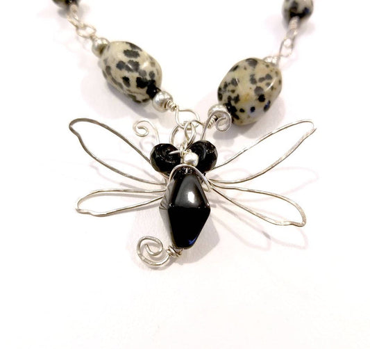 Fairytale Sterling Silver Wire Dragonfly Necklace in Black with Dalmatian Jasper, Fantasy, Adjustable Length