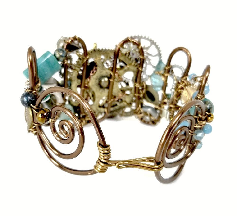 Under the Sea Steampunk Octopus Cuff Bracelet in Aqua - Sea Blue Adjustable Wire