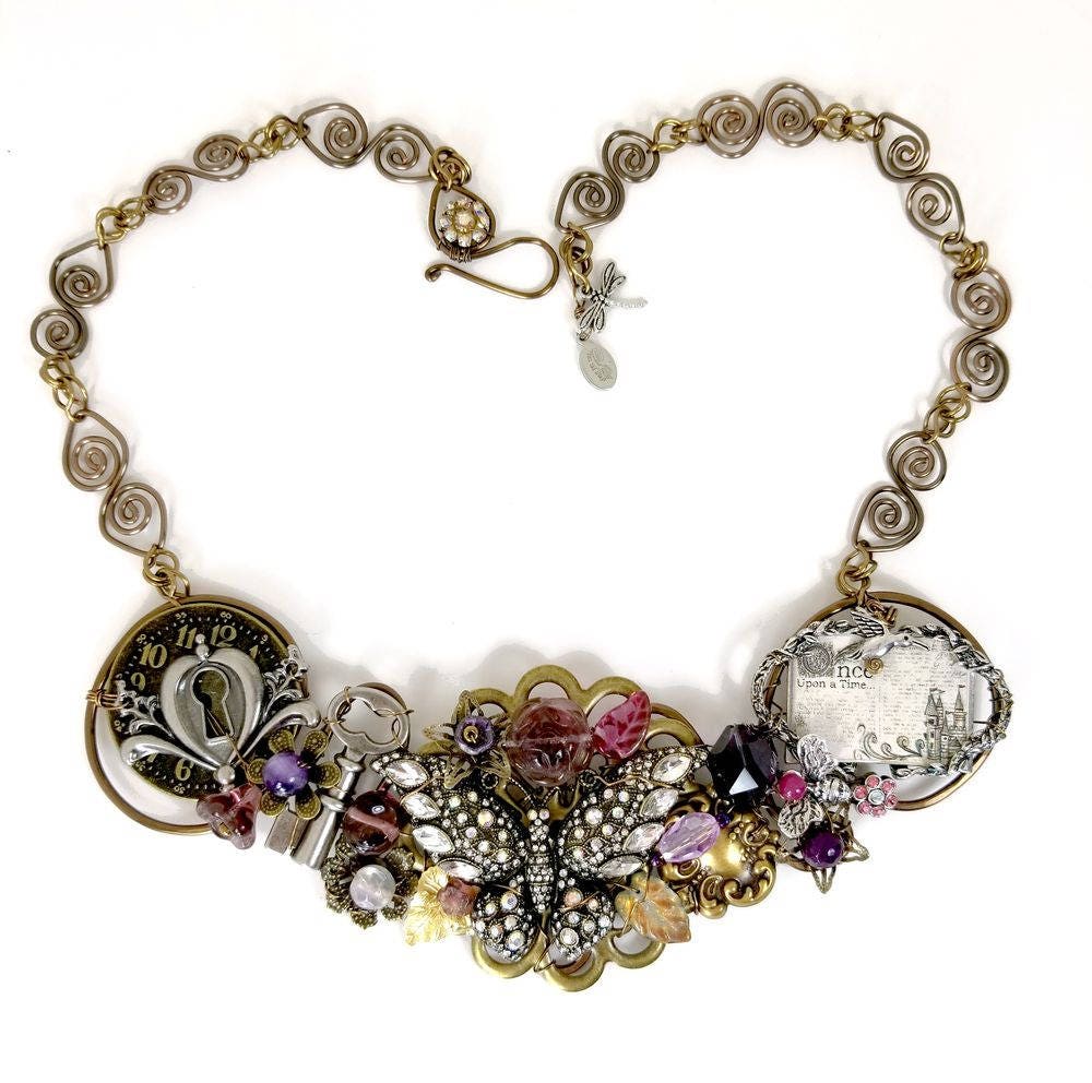 Fairytale Butterfly Bib Statement Necklace in Purple Adjustable Length #1645 Fantasy Floral