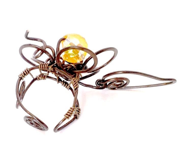 Statement Ring with Hammered Wire Flower and Leaf Boho Style OOAK Handmade Yellow Adjustable