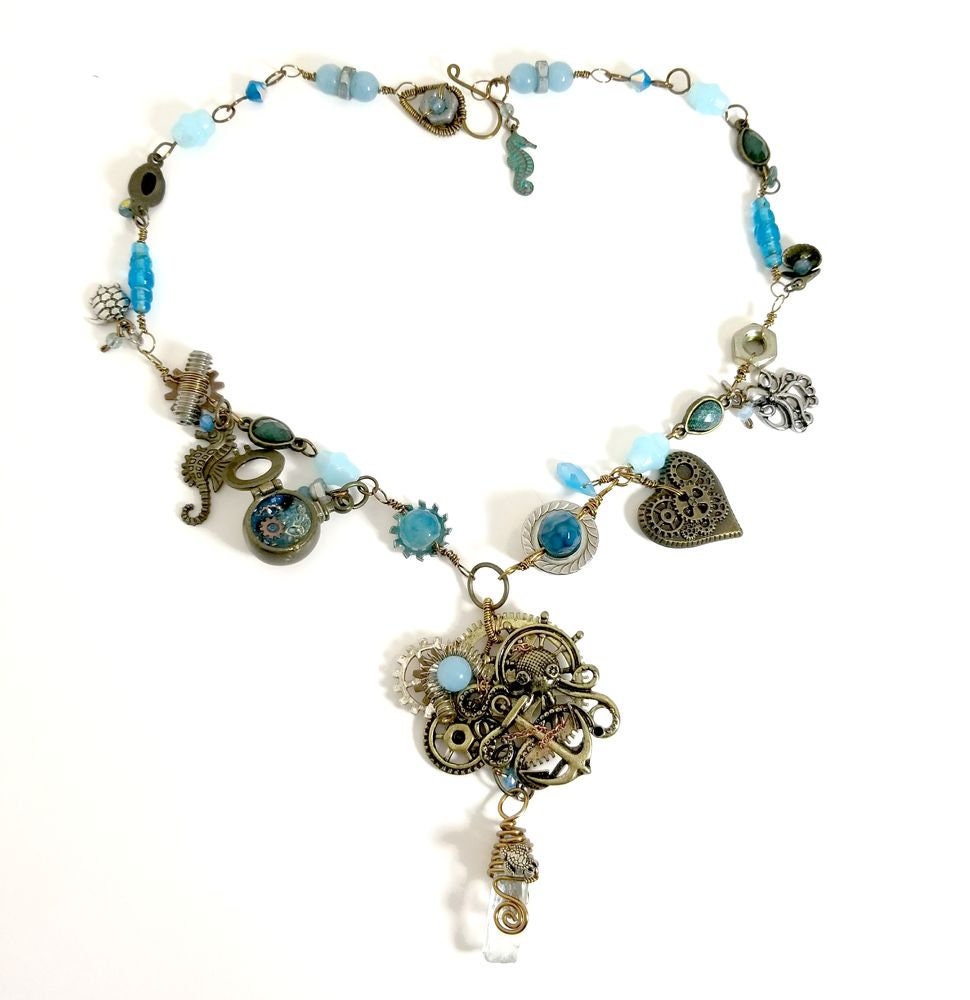 Steampunk Octopus Necklace in Aqua with Real Hardware, Adjustable Length