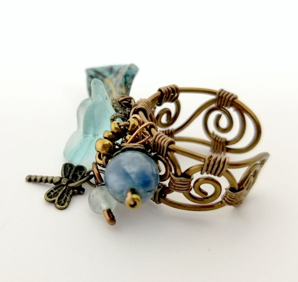 Fairytale Forest Fantasy Floral Ring in Teal/Aqua/Sky Blue Renaissance Adjustable Wire #1349