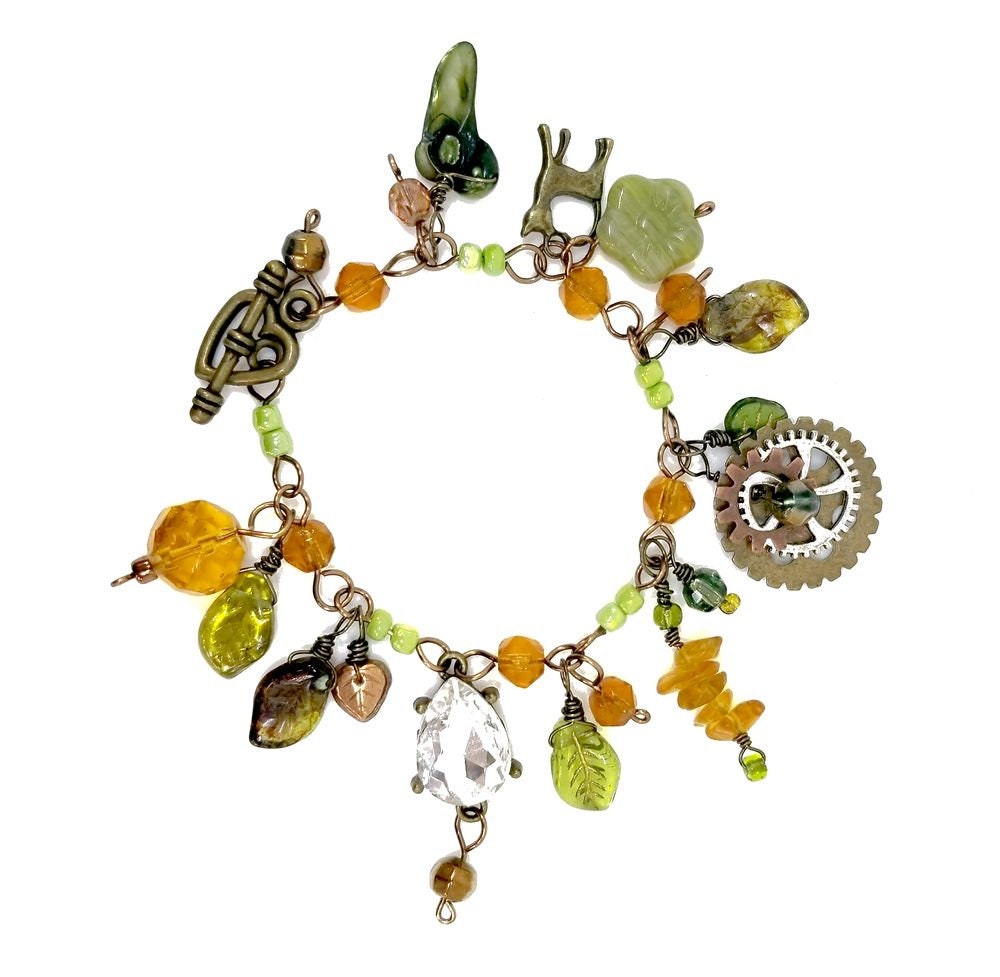 Steampunk Bracelet in Green and Amber with Glass Beads and Metal Charms, Toggle Closure #1011