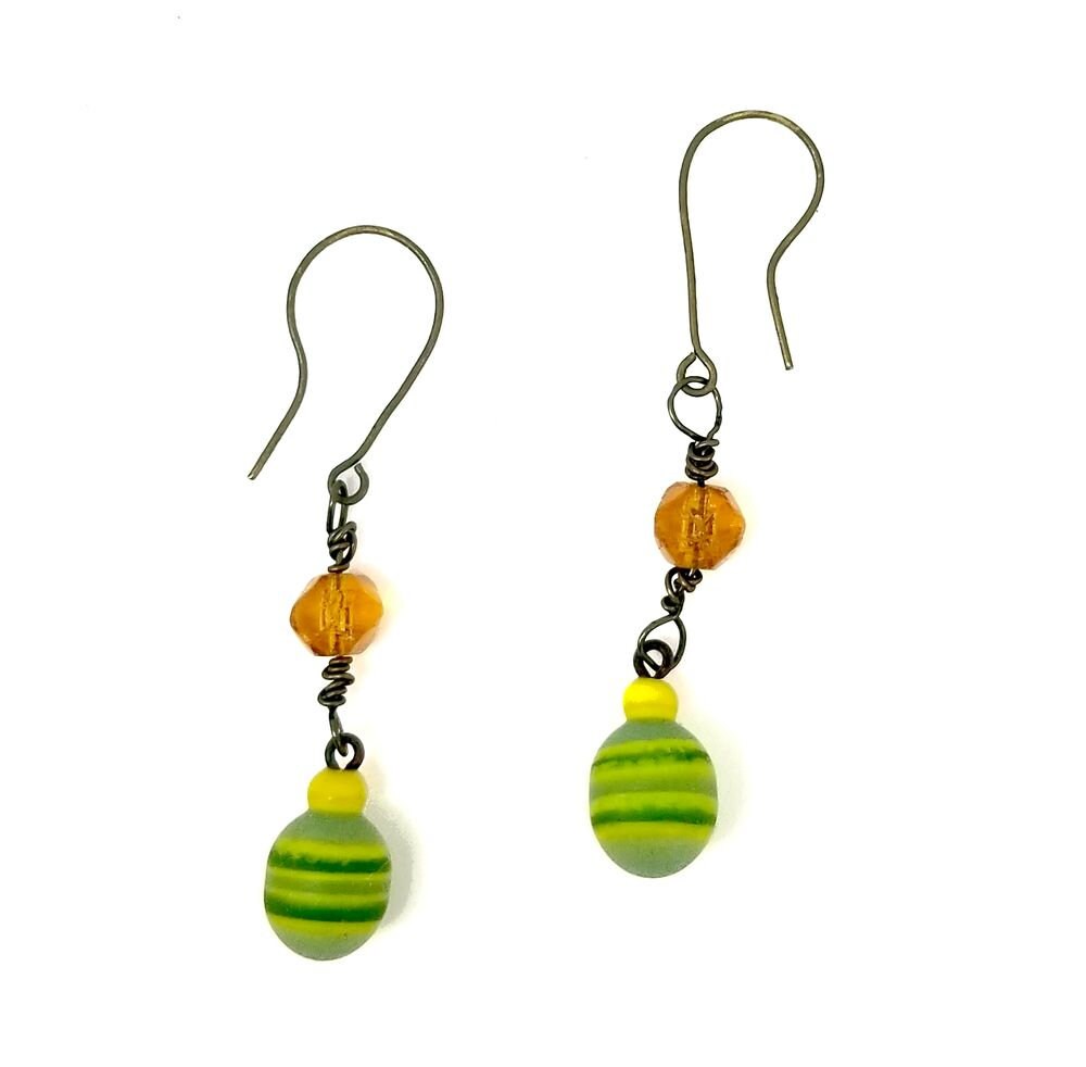 Upcycled Earrings with Vintage Lampwork Glass Beads Boho Style OOAK Handmade Green, Yellow & Amber #1012