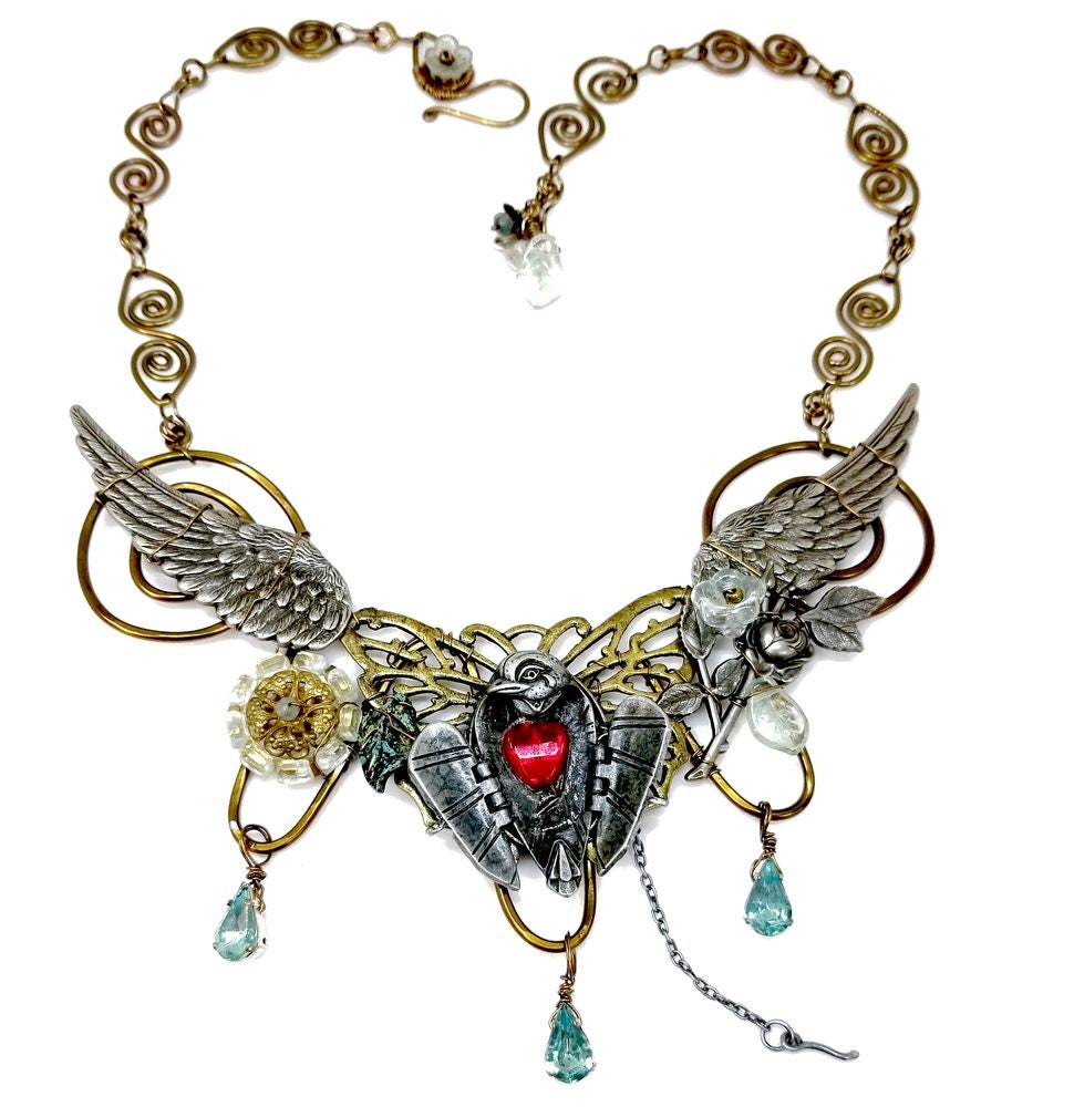 Fairytale Raven Bird Bib Statement Necklace in Aqua Blue Adjustable Length #1719 Fantasy Floral