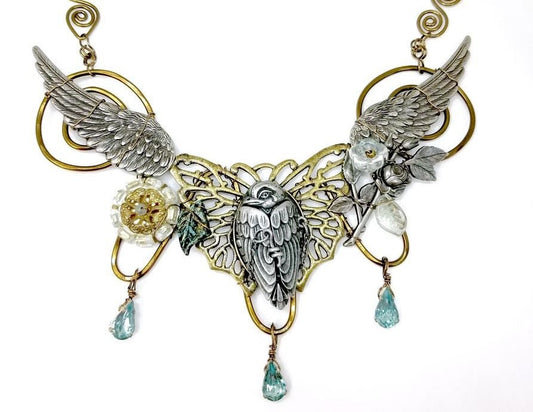 Fairytale Raven Bird Bib Statement Necklace in Aqua Blue Adjustable Length #1719 Fantasy Floral