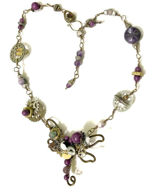 Steampunk Dragonfly Necklace in Purple with Vintage and Recycled Materials and Real Hardware, Adjustable Length