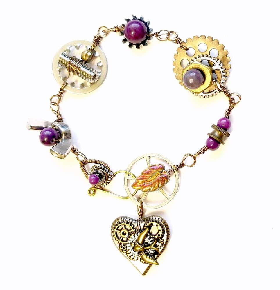 Steampunk Heart Bracelet in Purple with Glass Beads and Real Hardware