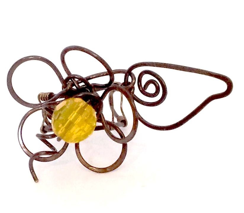 Statement Ring with Hammered Wire Flower and Leaf Boho Style OOAK Handmade Yellow Adjustable