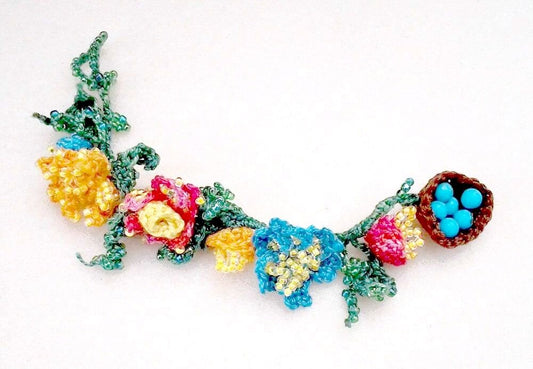 Custom Crochet Flower Bracelet with Glass and Stone Beads, Charm, Cotton Thread, Handmade to Order, Choice of Colors
