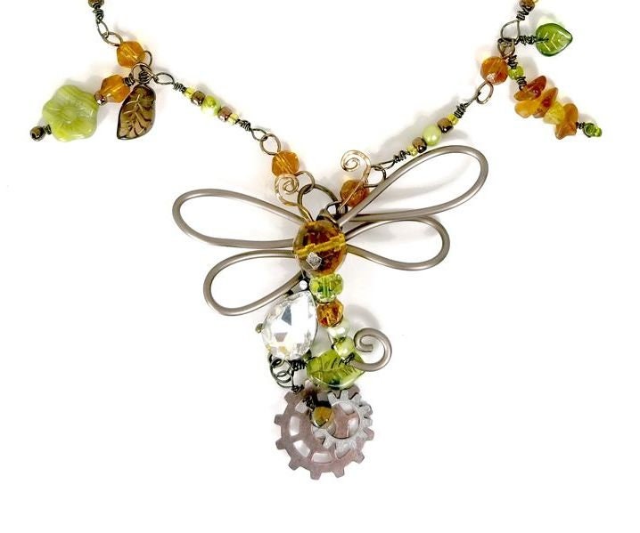 Steampunk Dragonfly Necklace in Green and Amber with Glass Beads, Pearls and Metal Charms, Adjustable Length #1171