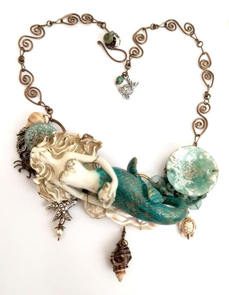 Little Mermaid Bib Statement Necklace with Roman Glass, Adjustable Length, Custom Length Upon Request