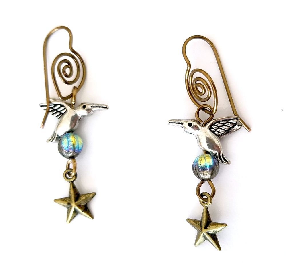 Steampunk Hummingbird Earrings in Aqua/Teal/Sky Blue