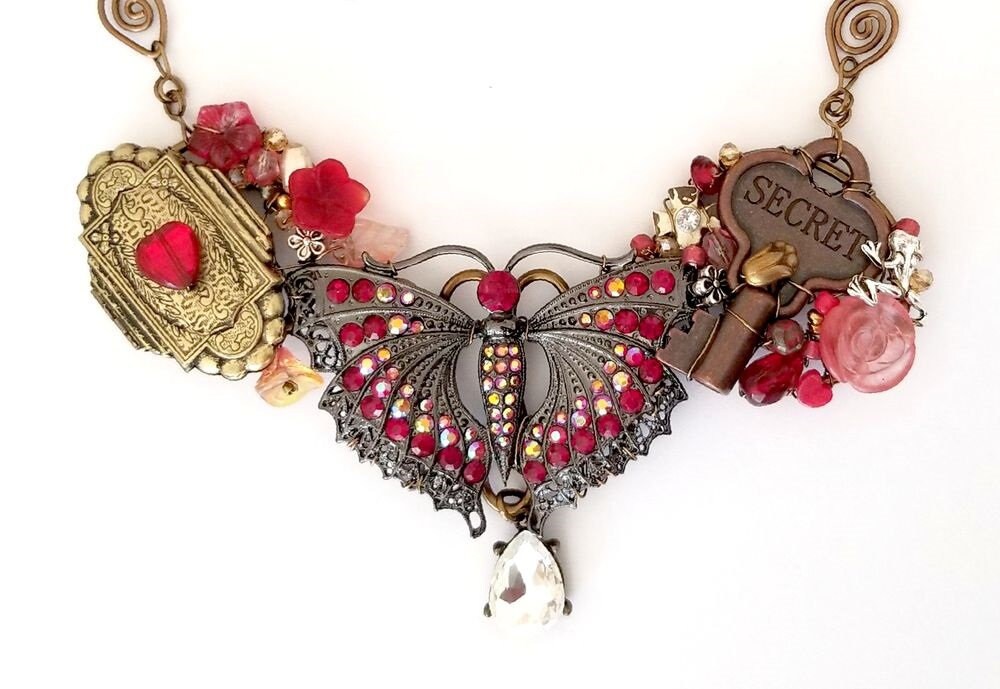 Secret Heart Flower Garden Bib Statement Necklace with Red Butterfly, Locket, Adjustable Length