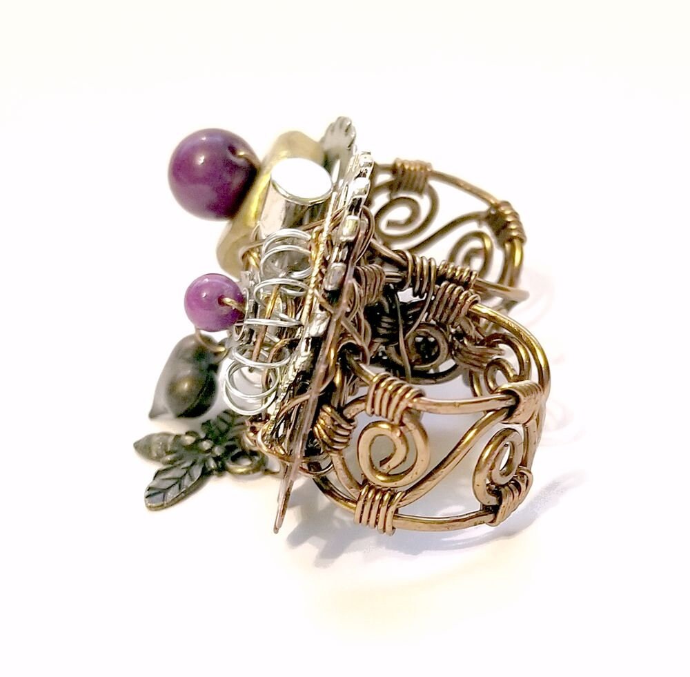 Steampunk 2-Finger Ring with Heart and Bee Dangles, Purple Accents and Real Hardware Adjustable Wire #1393