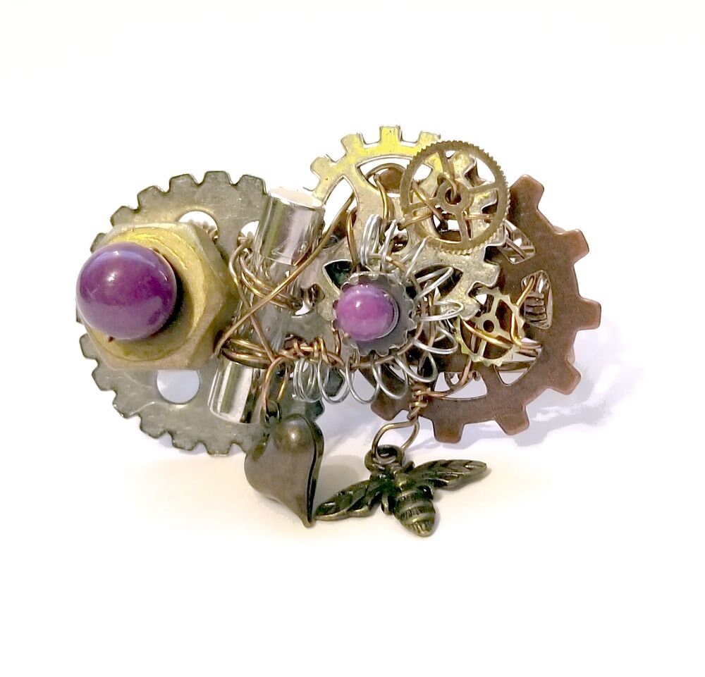 Steampunk 2-Finger Ring with Heart and Bee Dangles, Purple Accents and Real Hardware Adjustable Wire #1393