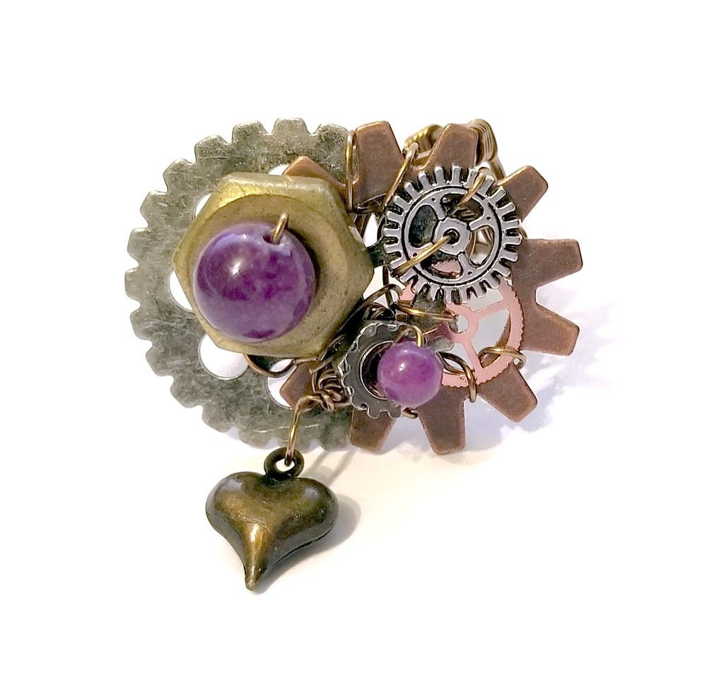 Steampunk Ring with Heart Dangle, Purple Accents and Real Hardware Adjustable Wire #1394