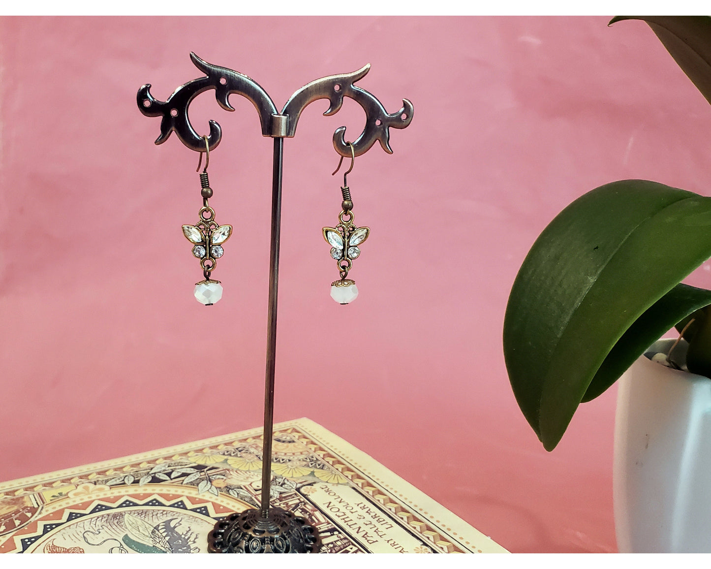 Rhinestone Butterfly Earrings in Moonstone White, Wedding, Bridesmaid, Garden, Art Nouveau, Belle Époque, Renaissance, Garden, Choose Metal