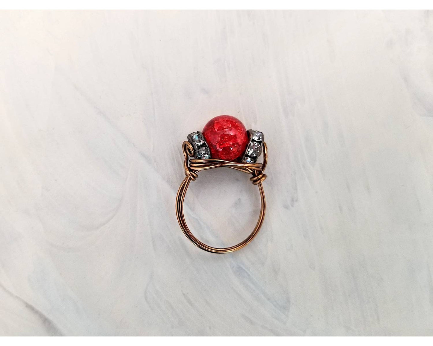 Wire Ring in Red-Orange Crackle with Rhinestones, Fairy Tale, Renaissance, Medieval, Choice of Colors and Metals