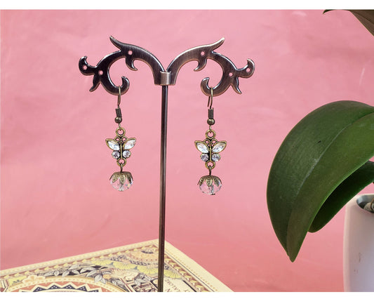 Rhinestone Butterfly Earrings in Clear, Wedding, Bridesmaid, Garden, Art Nouveau, Belle Époque, Renaissance, Garden, Choice of Metals