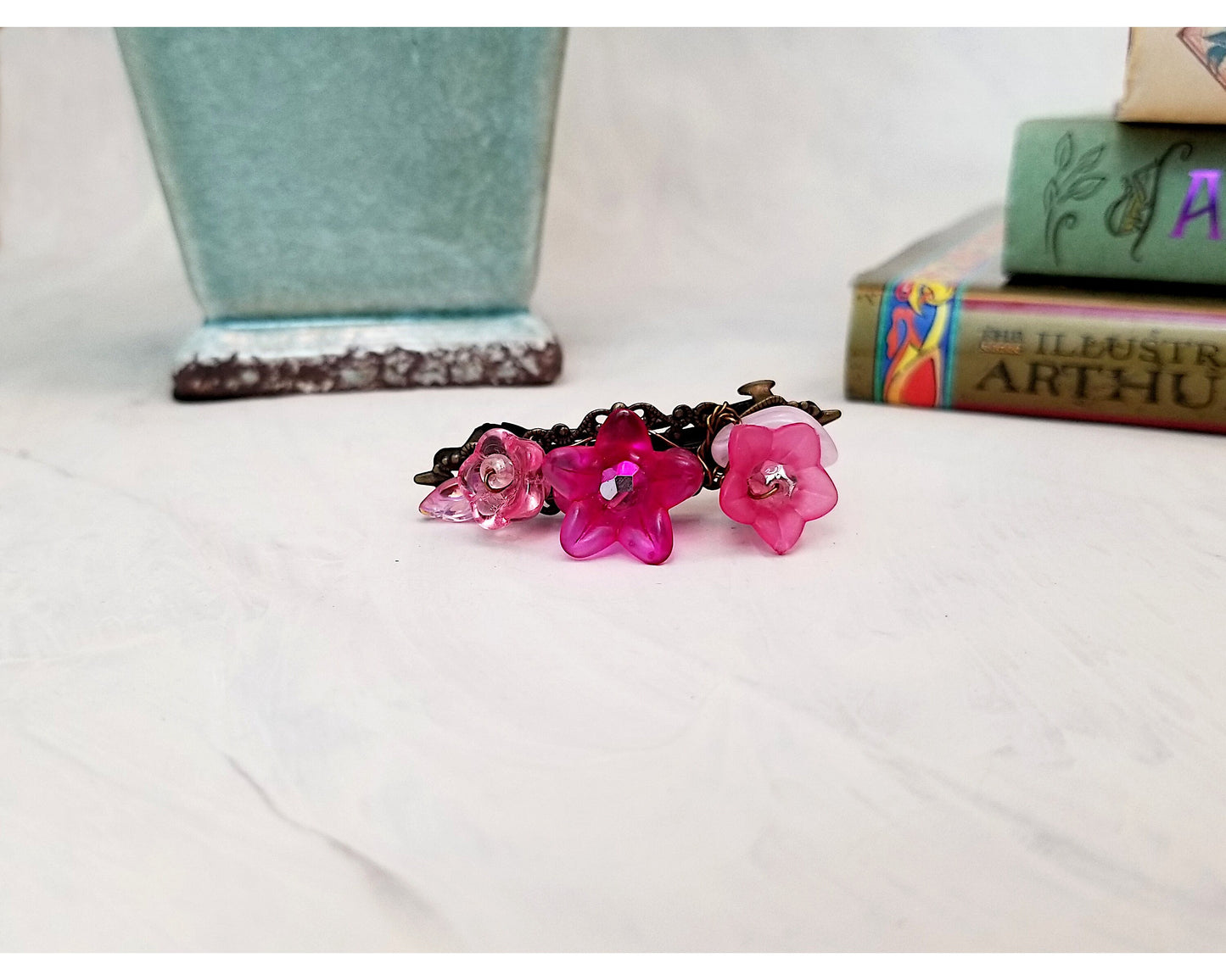 Wire Wrapped Lucite Flower Barrette in Pink, Bridesmaid, Wedding, Floral, Garden, Boho, Bohemian, Choice of Colors and Metals
