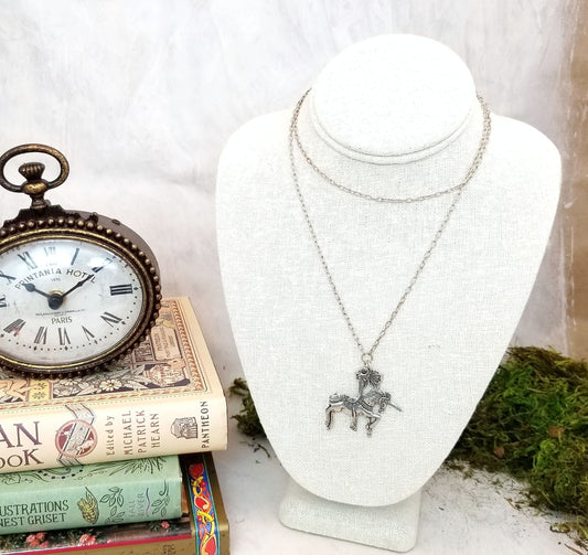 Long Chain Necklace, Silver Color, with Unicorn Carousel Horse + Butterfly, 31 inches, 78.8 cm, Layering